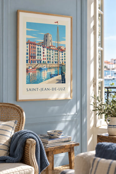 Affiche quais et maisons du port de Saint-Jean-de-Luz : encadrée au mur