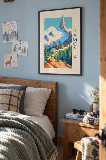 Affiche massif du Mont-Blanc vu depuis Chamonix : encadrée au mur