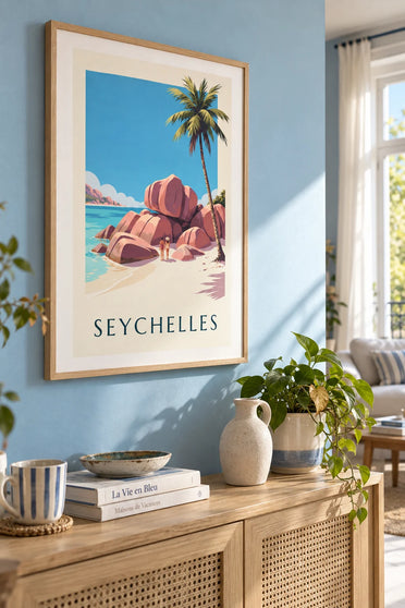 Affiche anse Source d’Argent à La Digue aux Seychelles : encadrée au mur