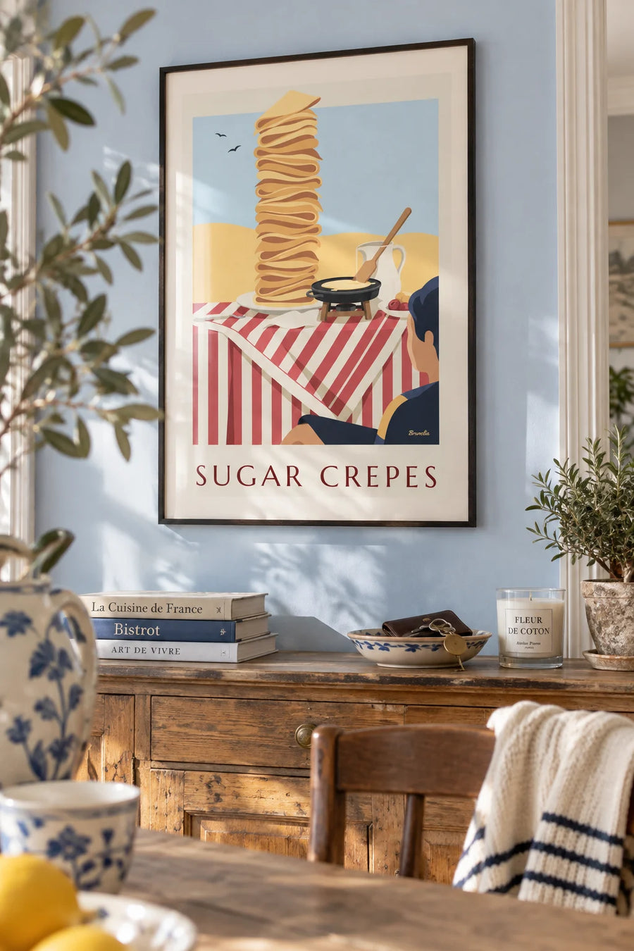 Affiche crêpes au sucre préparées sur la crêpière : encadrée au mur
