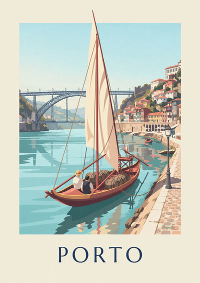 Affiche pont Dom Luís de Porto et bateau rabelo sur le Douro : l'affiche entière