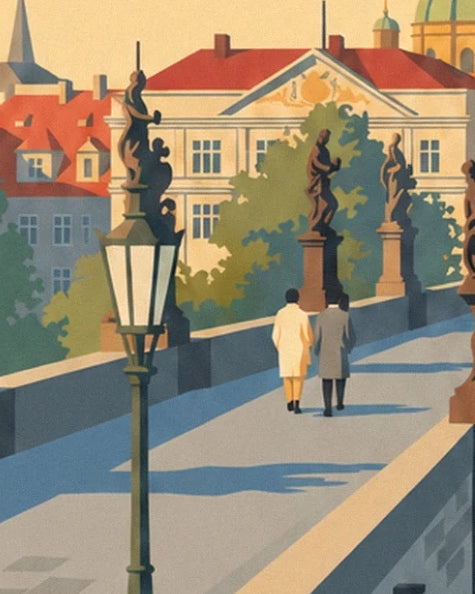 Un couple qui marche sur le pont, entre lampadaire et statues sur socles