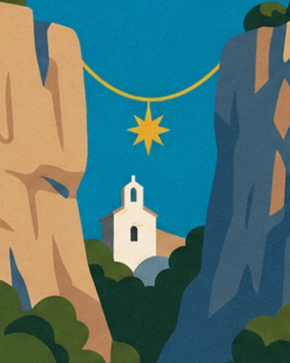 L’étoile dorée suspendue entre les falaises, au-dessus d’une chapelle blanche