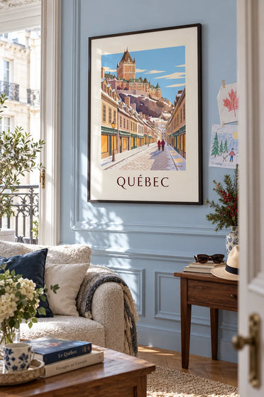 Affiche rue du Petit-Champlain sous la neige à Québec : encadrée au mur