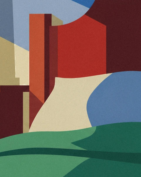 Les toits rouges et bruns au-dessus d'une colline verte, sous un ciel bleu