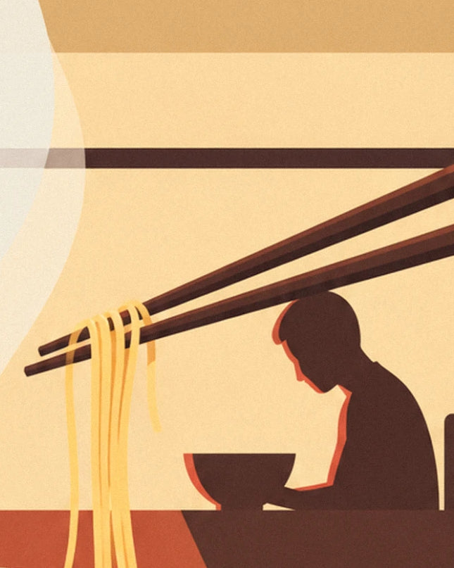 Baguettes qui soulèvent des nouilles, face à la silhouette d'un client attablé devant son bol
