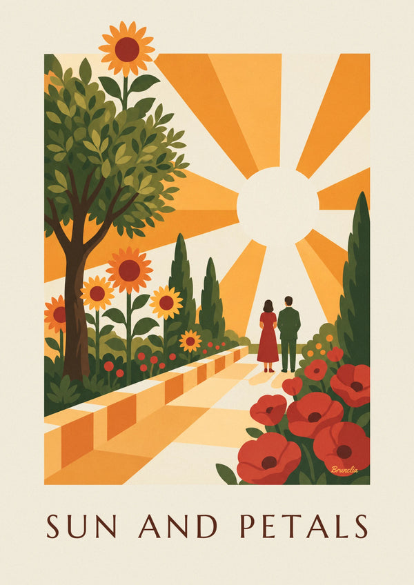 Affisch med strålande sol och stiliserade geometriska blommor