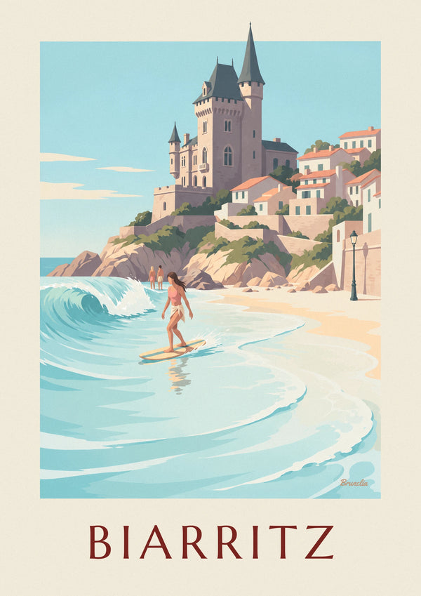 Affisch med longboardåkare vid Côte des Basques i Biarritz