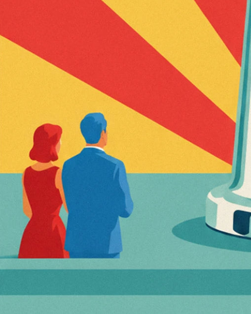 Un couple de dos, elle en robe rouge, lui en veste bleue, devant le distributeur
