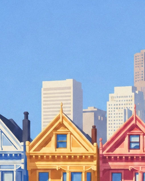 Les pignons jaune et rouge des maisons victoriennes, face aux tours du centre-ville