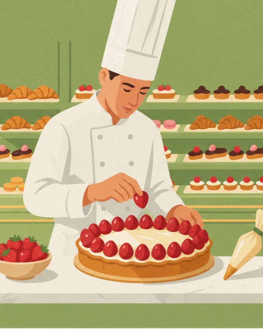 Le pâtissier en toque posant une fraise sur sa grande tarte à la crème