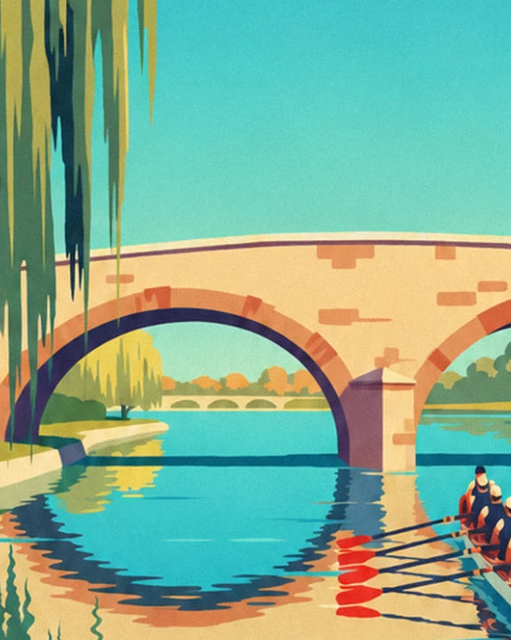 Le pont de pierre rose et ses arches, avec un équipage d'aviron qui apparaît au bord de la rivière