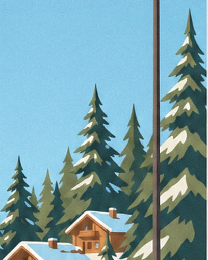Les sapins aux branches poudrées de neige et les chalets en bois aux toits blancs