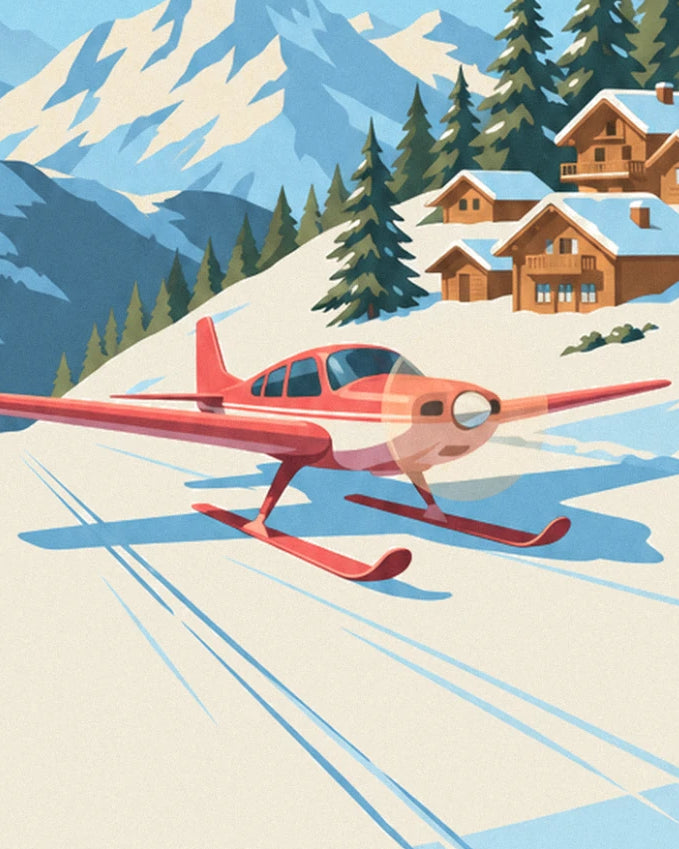 Le petit avion rouge sur skis, posé sur la neige face aux chalets en bois