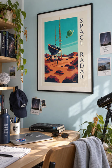 Affiche station radar spatiale sur une planète rocheuse : encadrée au mur