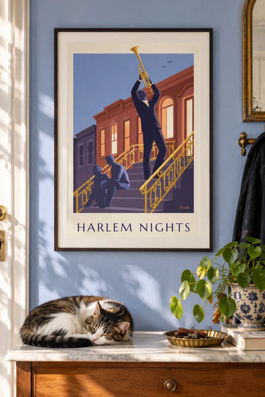 Affiche trompettiste sur le perron d'une maison de Harlem le soir : encadrée au mur