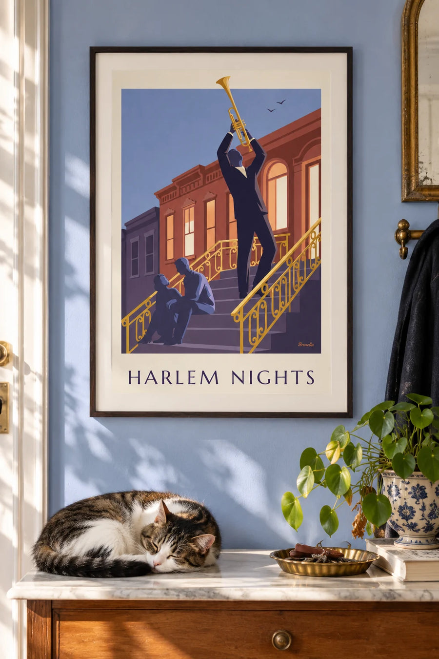 Affiche trompettiste sur le perron d'une maison de Harlem le soir : encadrée au mur