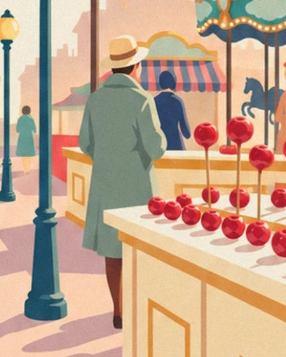 Un homme en manteau vert et chapeau clair devant le stand de pommes d'amour