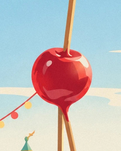 Une pomme d'amour rouge brillante sur son bâton, devant le ciel bleu et les guirlandes