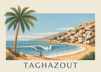 Affiche surfeurs dans la baie de Taghazout au Maroc : l'affiche entière