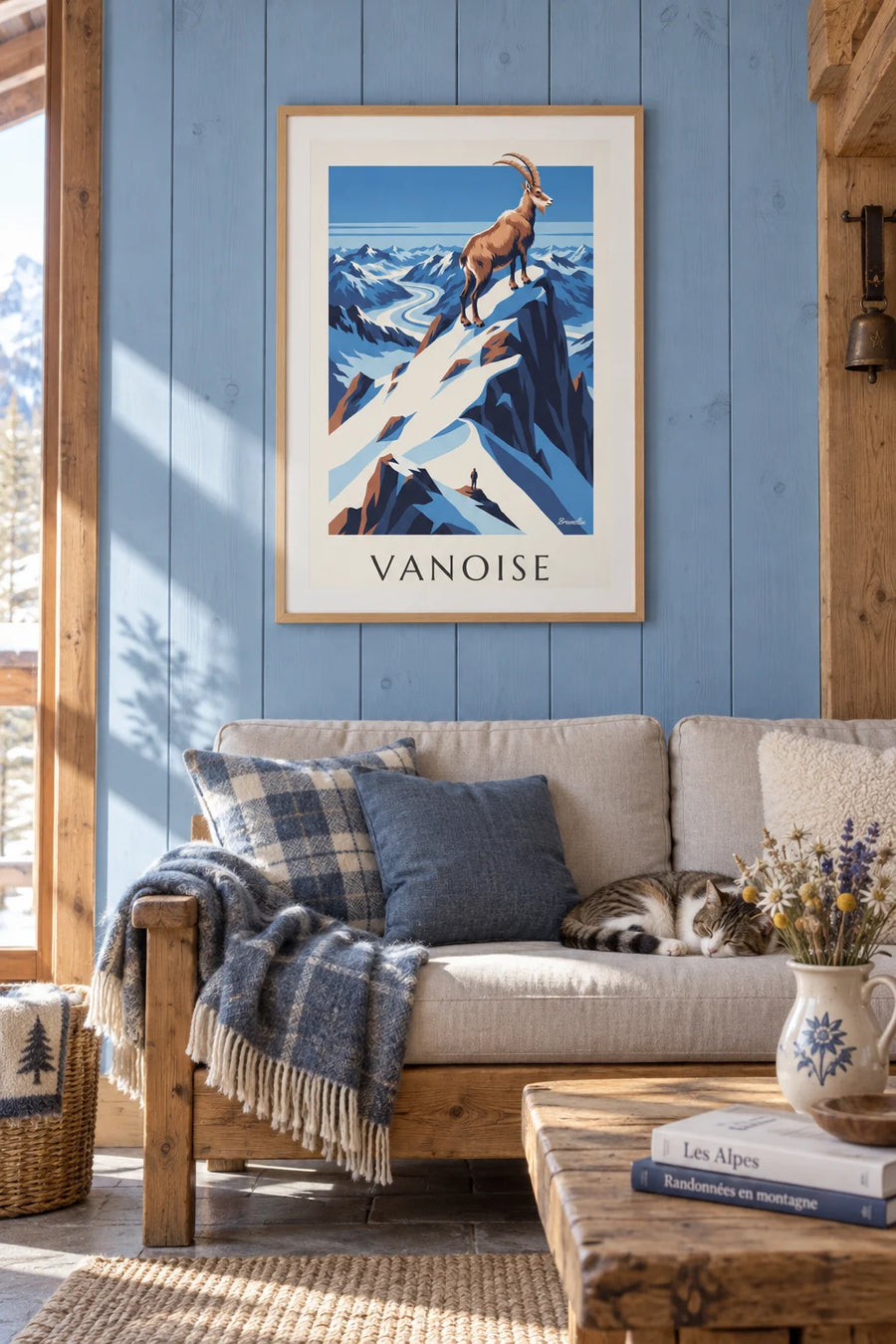 Affiche bouquetin sur un sommet enneigé de la Vanoise : encadrée au mur