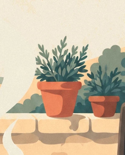 Les 2 pots en terre cuite et leurs plantes feuillues sur le muret ensoleillé