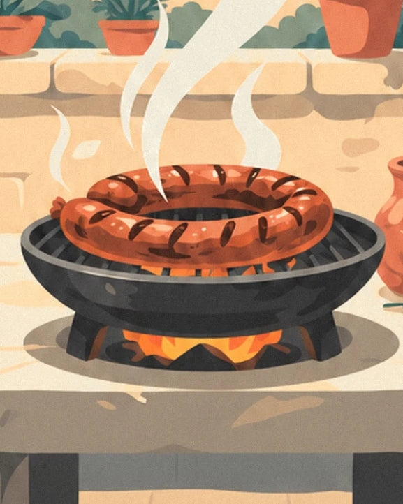 La saucisse dorée en couronne sur le brasero noir, entre flammes et fumée