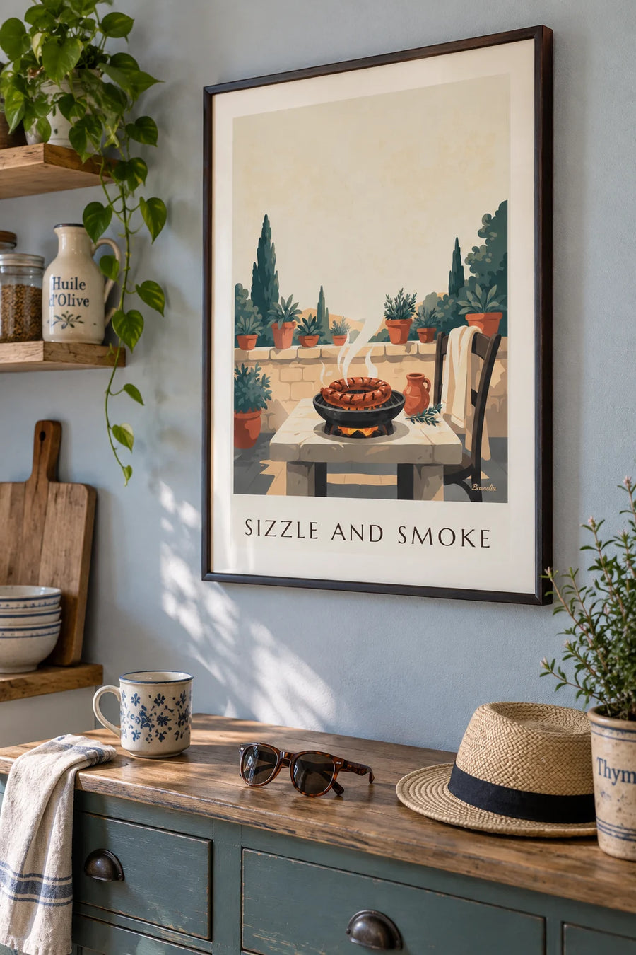 Affiche saucisse de Toulouse grillée sur la braise en terrasse : encadrée au mur