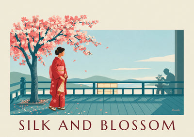 Affiche femme japonaise en kimono rouge sous un cerisier en fleurs : l'affiche entière