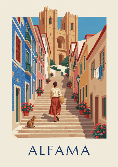 Affiche escalier fleuri de l'Alfama sous la cathédrale de Lisbonne : l'affiche entière