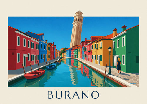 Affiche canal et maisons colorées de Burano, campanile penché : l'affiche entière