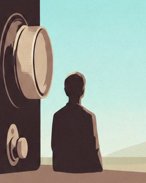 La silhouette d'un personnage assis au pied de l'appareil, face au désert et au ciel turquoise