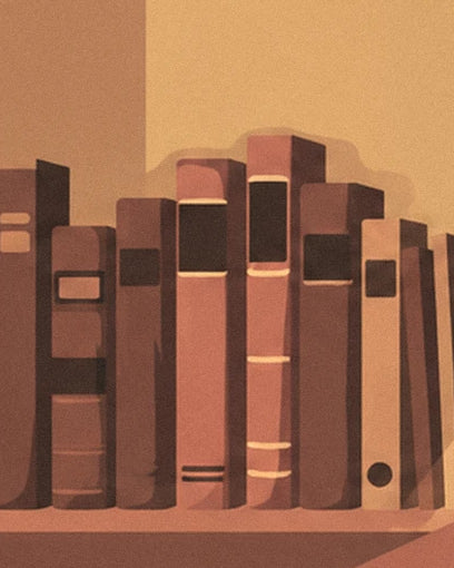 Rangée de livres aux dos rosés et bruns, étiquettes sombres, sur une étagère