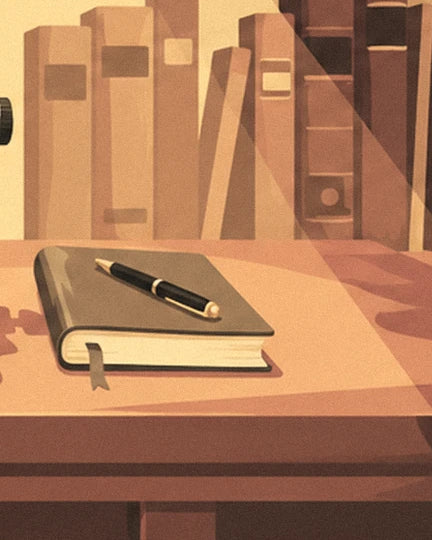 Un carnet à couverture verte et son stylo noir posés sur le bureau, devant les livres