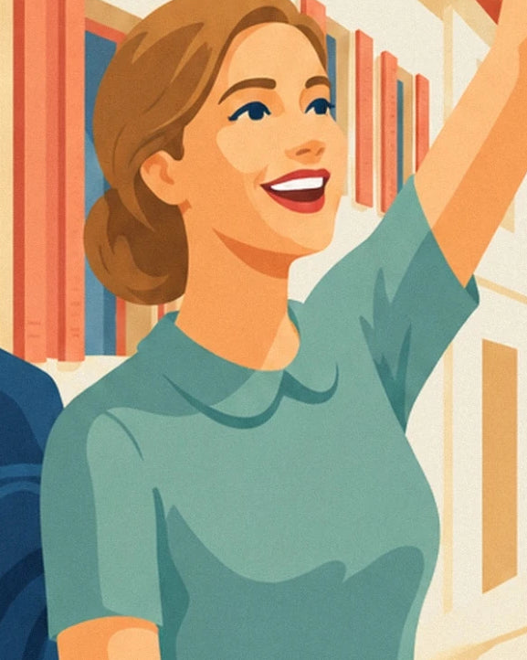 Une femme souriante en robe verte, le bras levé devant les façades colorées