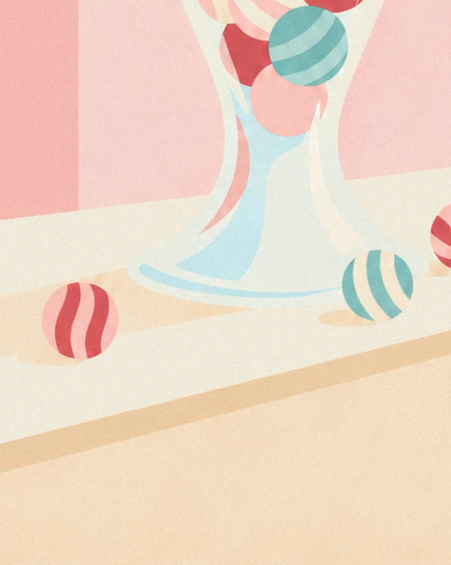 Le pied évasé du bocal et les bonbons rayés rouges et turquoise sur le comptoir