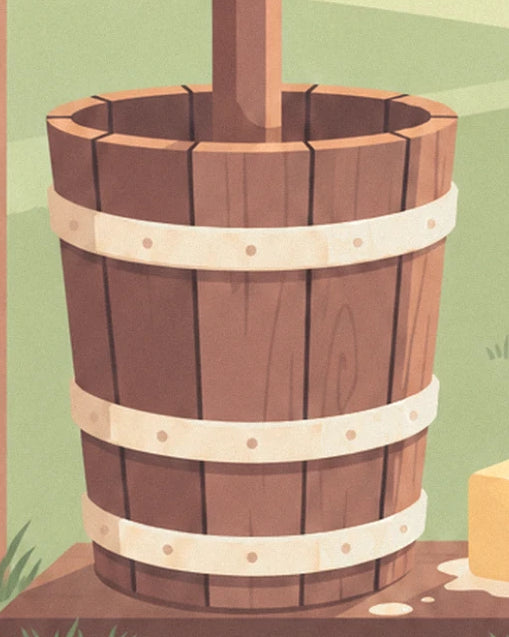 La baratte en douelles de bois brun, ses 3 cerclages clairs et son manche vertical