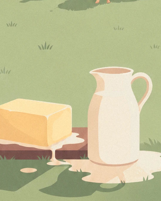 Le pichet crème et la motte de beurre jaune sur une planche, dans l’herbe verte