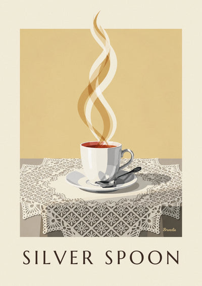 Affiche tasse de café fumante et cuillère en argent sur dentelle : l'affiche entière
