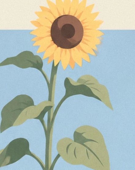 Un tournesol aux pétales jaunes et au cœur brun, sur sa tige aux larges feuilles vertes