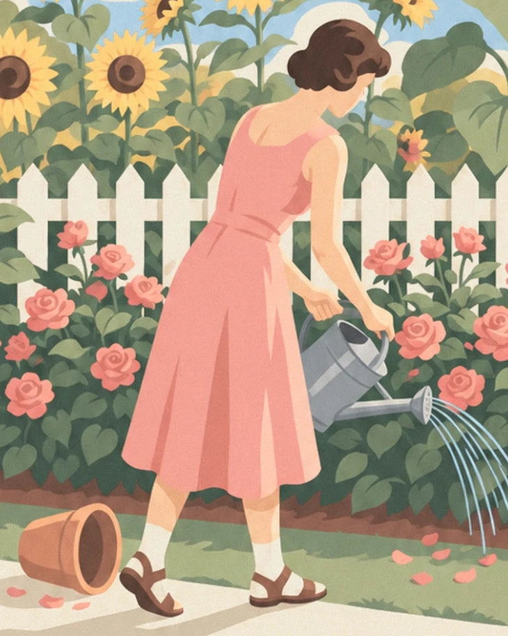 La jardinière en robe rose et son arrosoir gris parmi les rosiers en fleurs