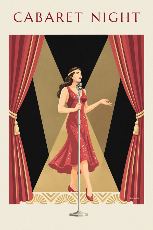 Affiche chanteuse en robe rouge pailletée sur la scène d'un cabaret