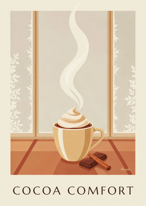 Affiche tasse de chocolat chaud fumante près d'une fenêtre givrée : l'affiche entière