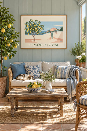 Affiche citronnier en fleurs sur une terrasse face à la mer : encadrée au mur