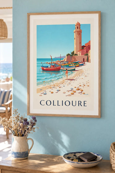 Affiche barques catalanes colorées sur la plage de Collioure : encadrée au mur