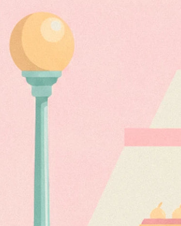 Un lampadaire vert à globe jaune devant la façade rose de la pâtisserie
