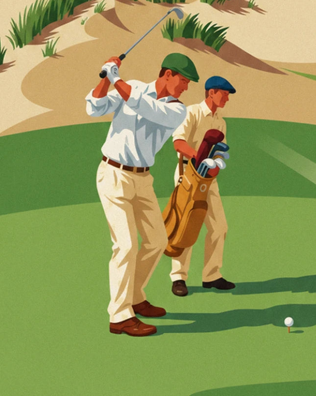 Le golfeur en chemise blanche et casquette verte en plein swing, son caddie à ses côtés