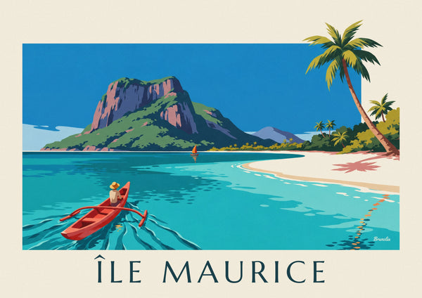 Affisch med lagun, kokospalmer och Morne Brabant på Mauritius