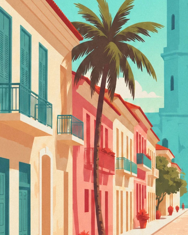 Les façades roses et ocre aux balcons turquoise, avec un grand palmier