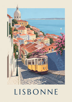 Affiche tramway jaune dans une rue pavée de Lisbonne face au Tage